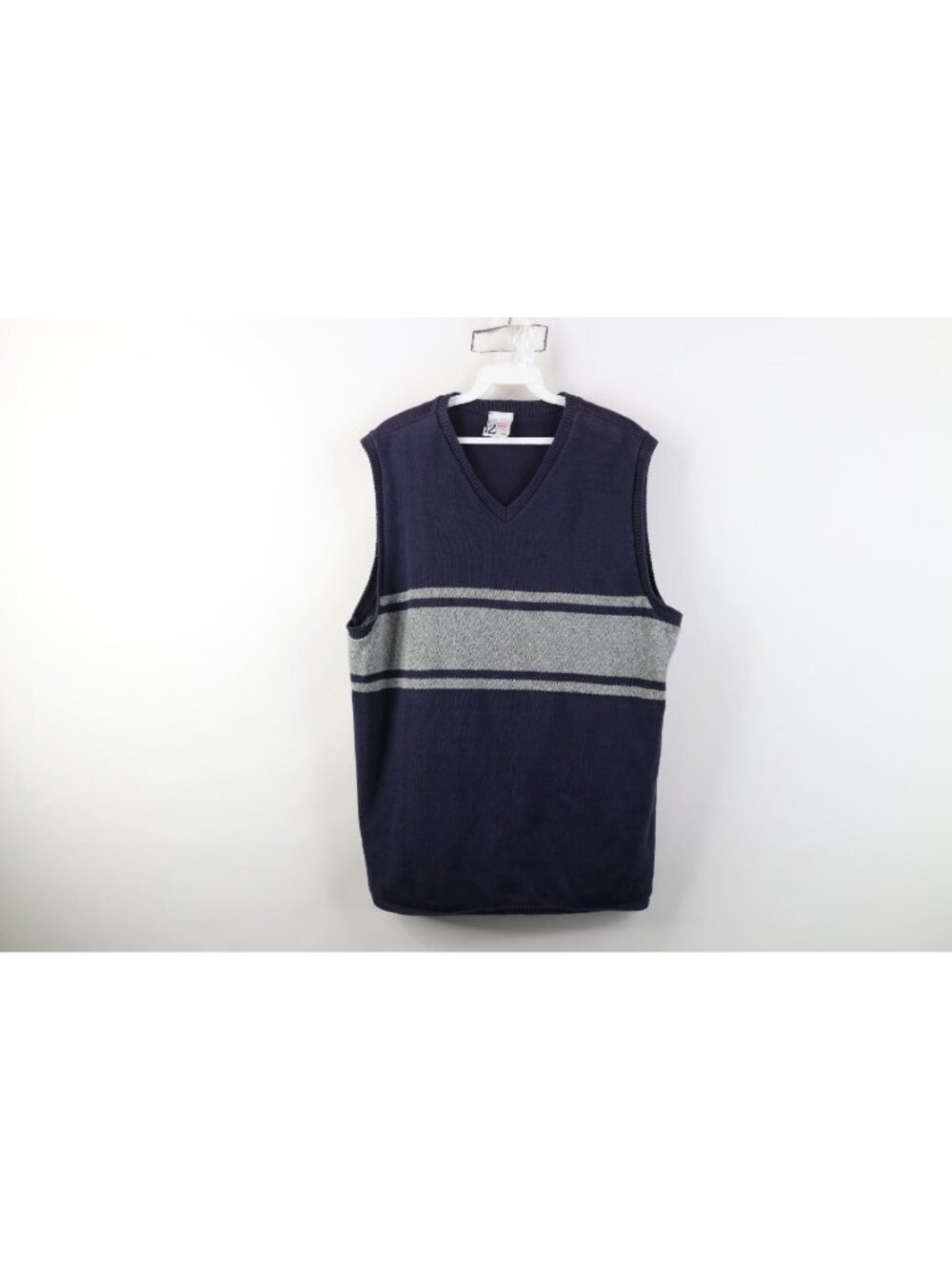 Vintage 90s Streetwear Mens Large Striped Color Block Knit Sweater Vest Blue USA